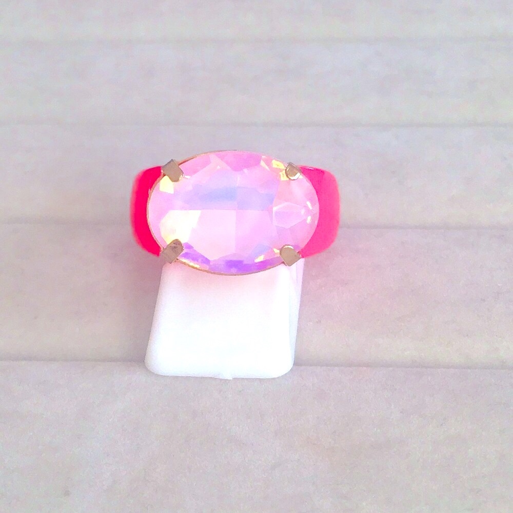Lilac Pink Opal Oval Aurora Borealis Crystal + Hot Pink Ring - Picture 12 of 16